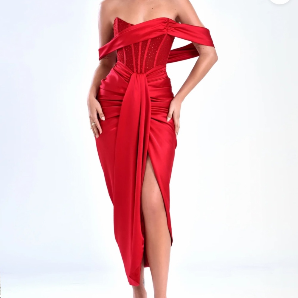 Stella Red Off Shoulder Crystal Corset Satin Gown